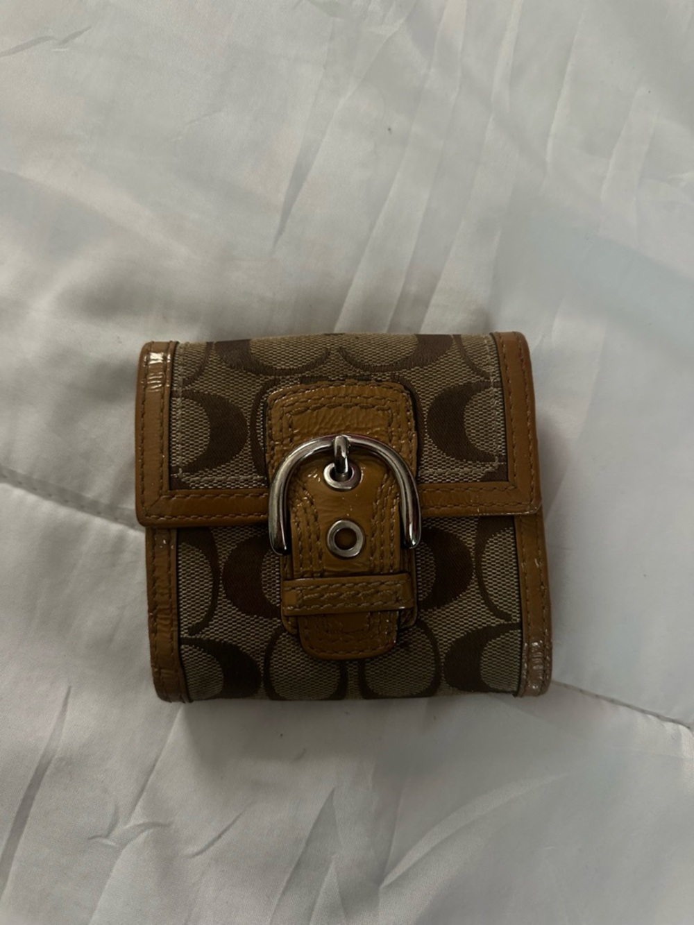 Coach Brown Tan Signature Canvas Tri-Fold Wallet with Buckle